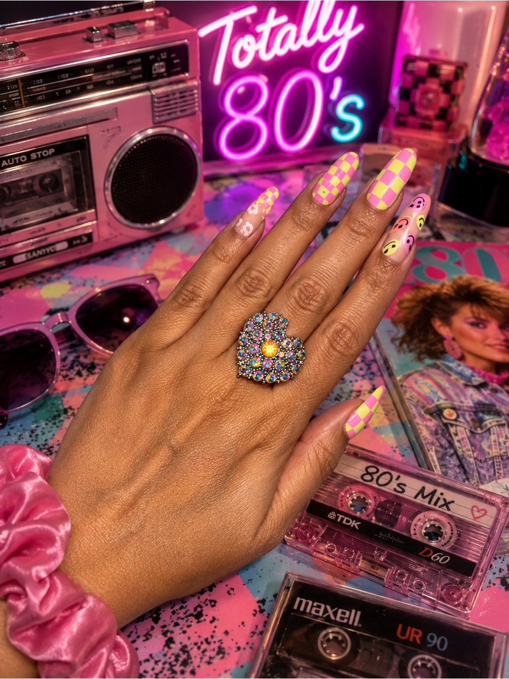 Multicolor Crystal Heart Cocktail Ring - Vibrant Pastel Accent AB Crystal